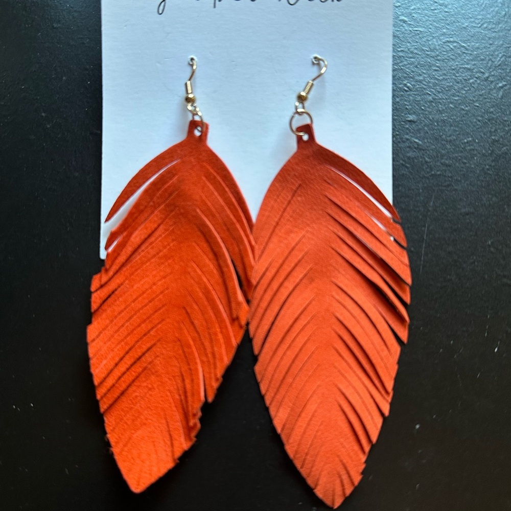Orange Suede Feather Drop Earrings